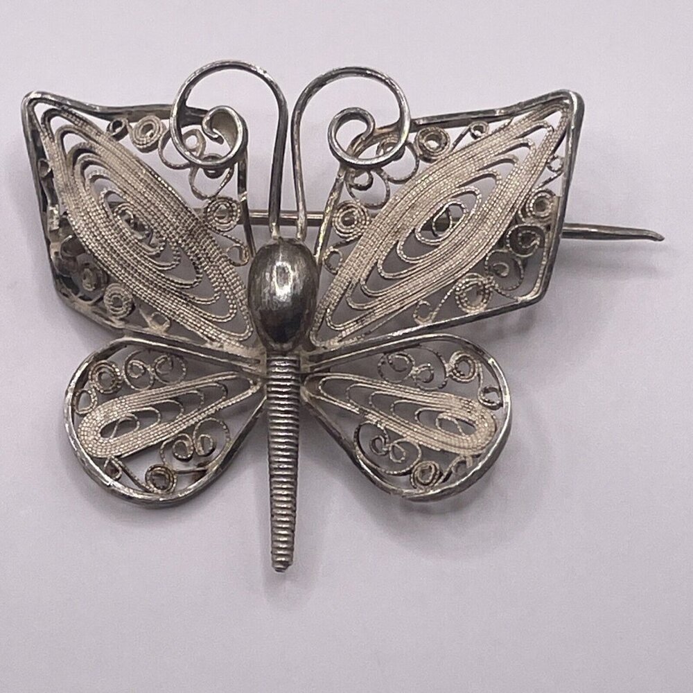 Antique? Art Nouveau 830 Silver Butterfly Brooch Pin Filigree Signed LG AL5.6 - Picture 2 of 8